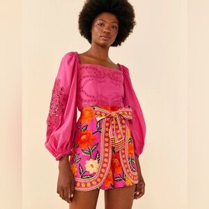 FARM RIO Pink Floral Tapestry Wrap Beaded Tie Linen Shorts